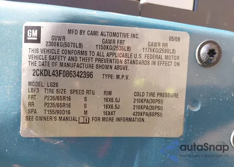 2008 Pontiac Torrent из США, поврежденный, VIN 2CKDL43F086342396